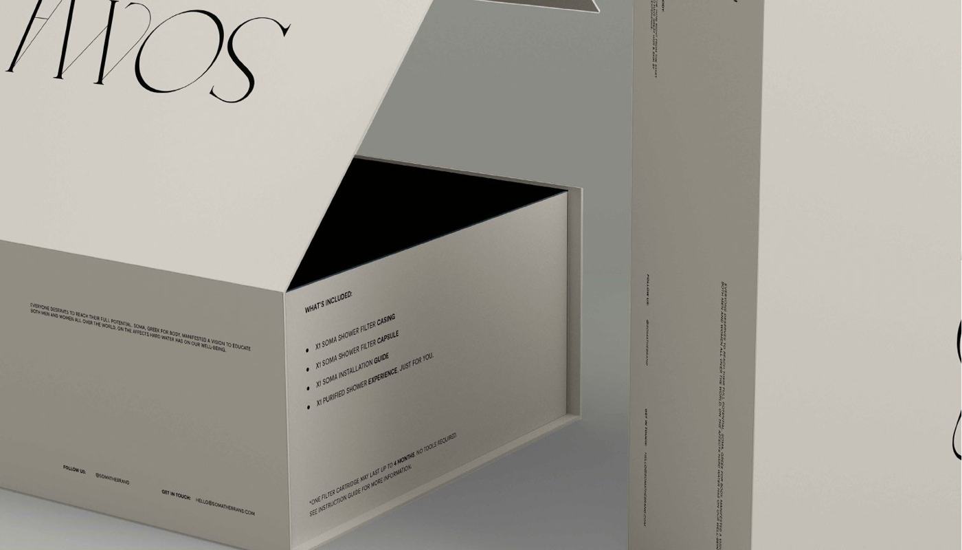 SOMA box with the wordmark reversed on the lid