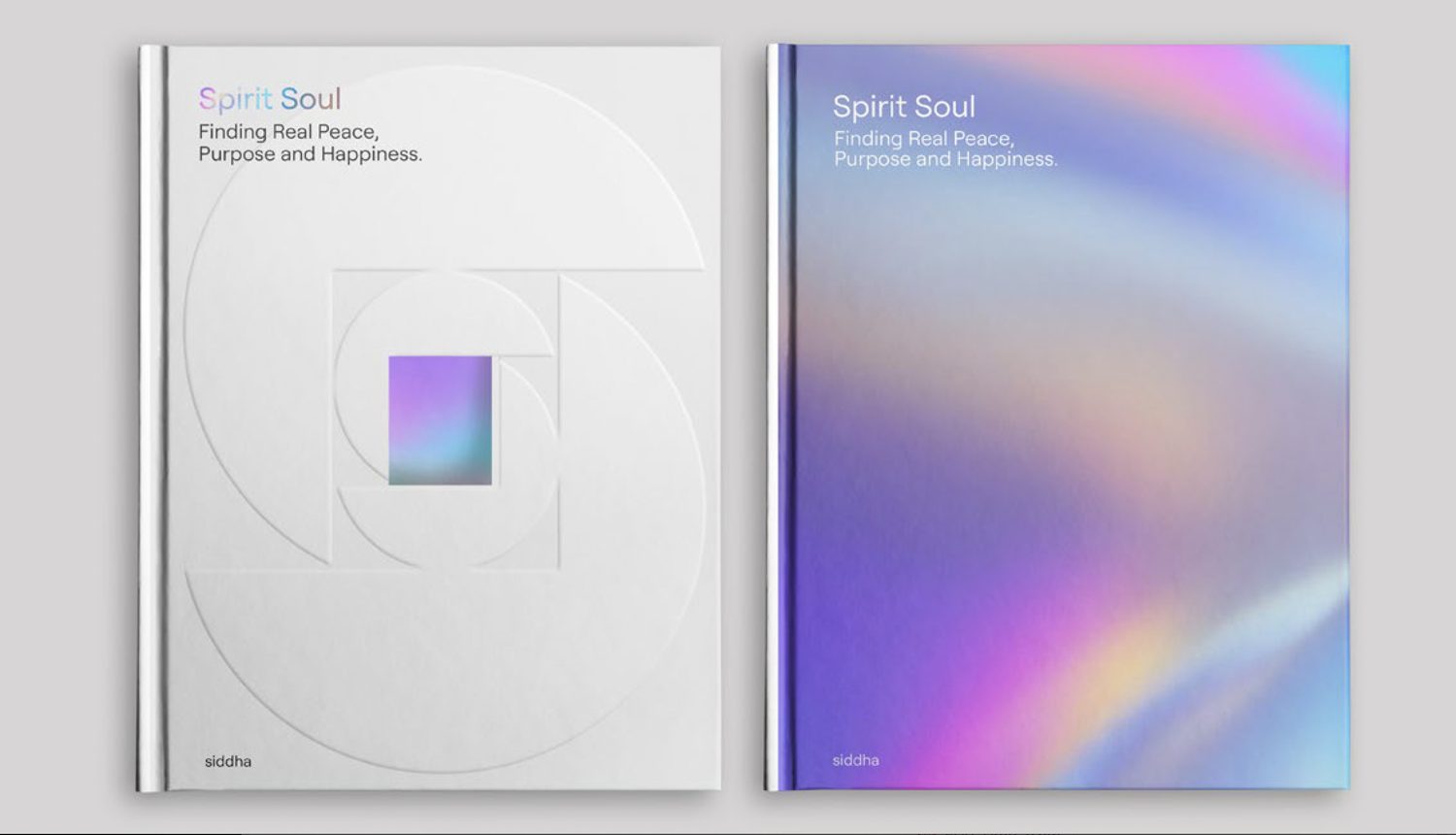 Two cover treatments, a blind embossed white and a holographic gradient