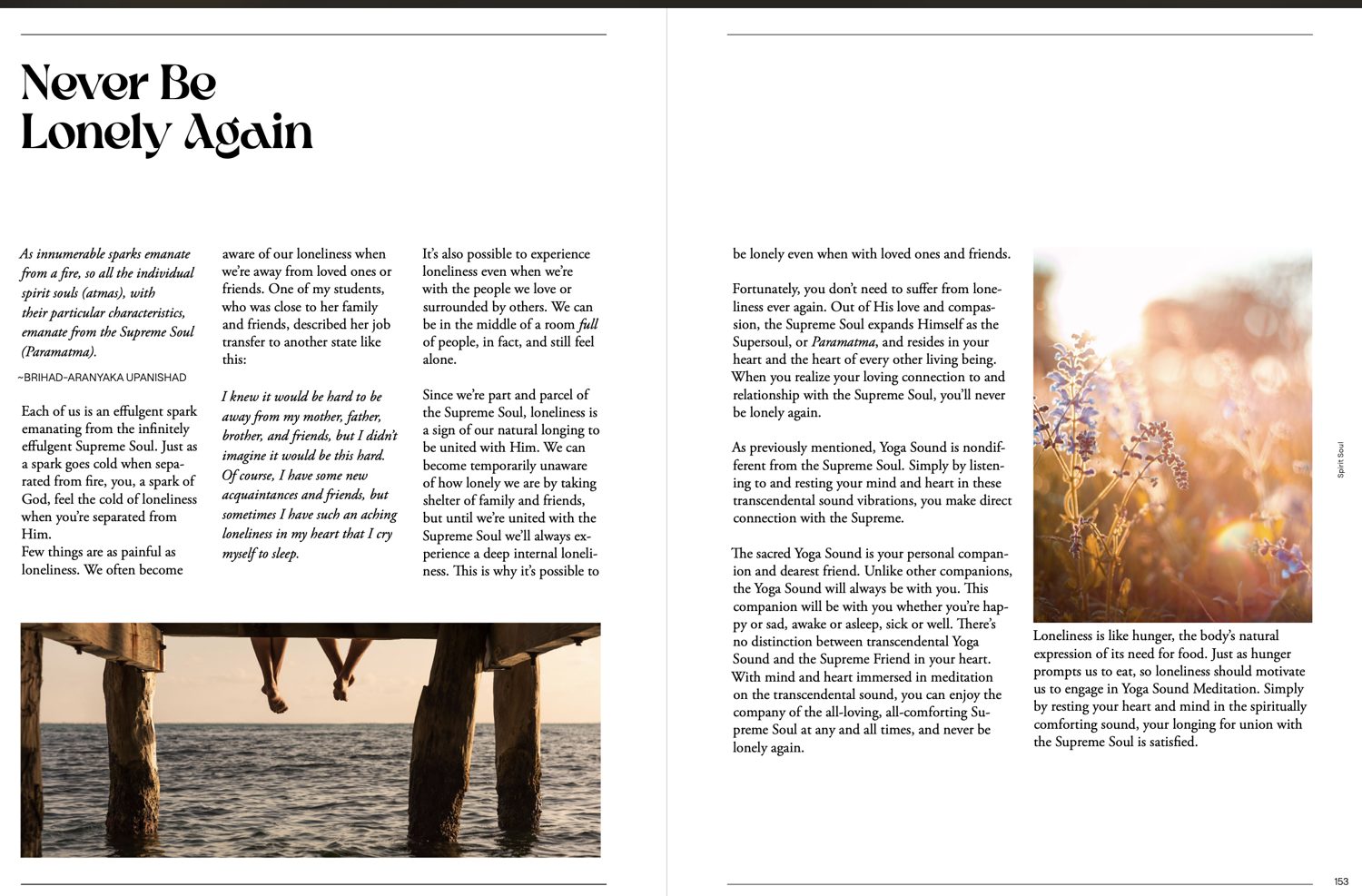 Never Be Lonely Again, a three column text spread with a photograph set into the grid